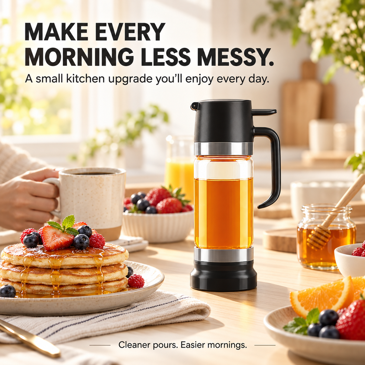 π― 12oz No-Drip Honey & Syrup Dispenser β Press-to-Pour Glass Jar with Handle