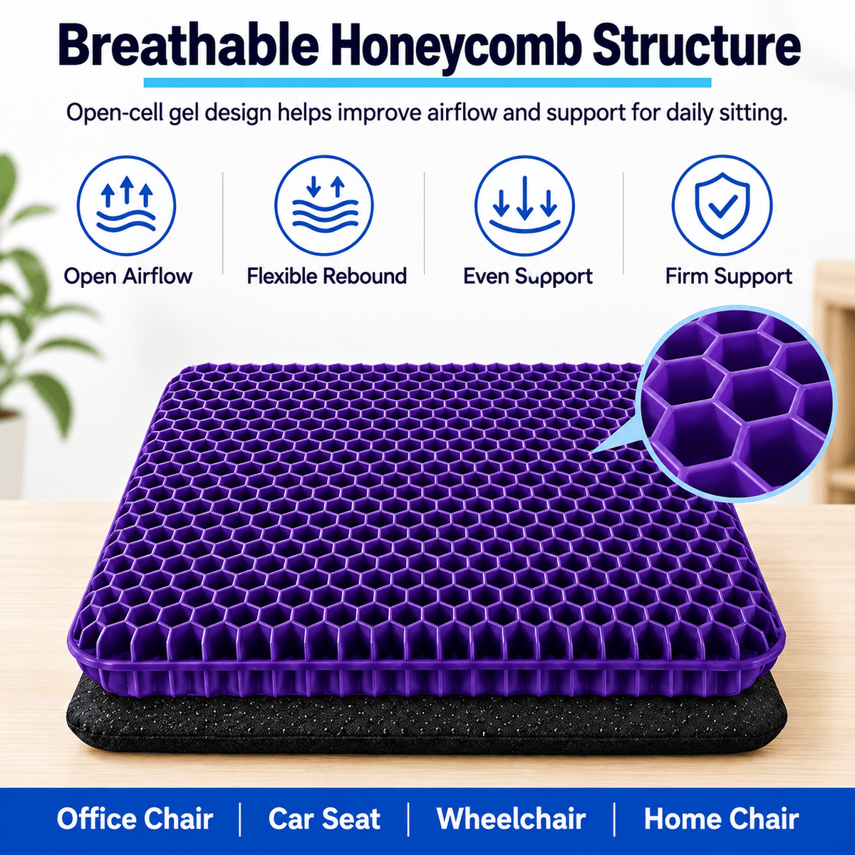 Thick Honeycomb Gel Seat Cushion with Non-Slip Cover