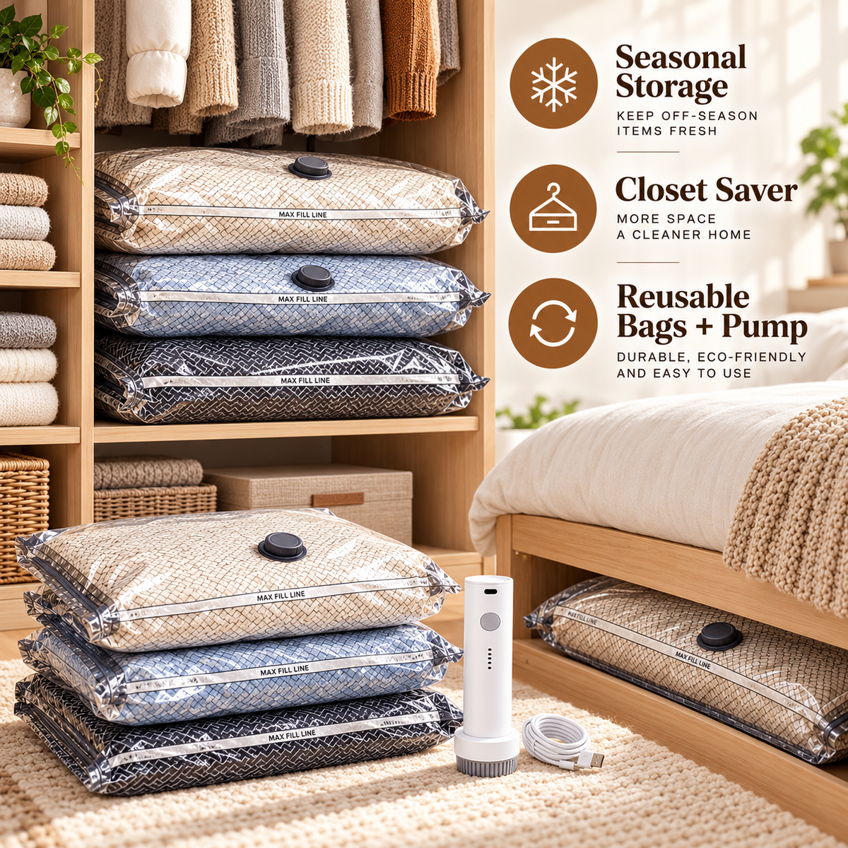 Electric Vacuum Storage Bag Set – Space-Saving Bags for Clothes, Bedding & Travel