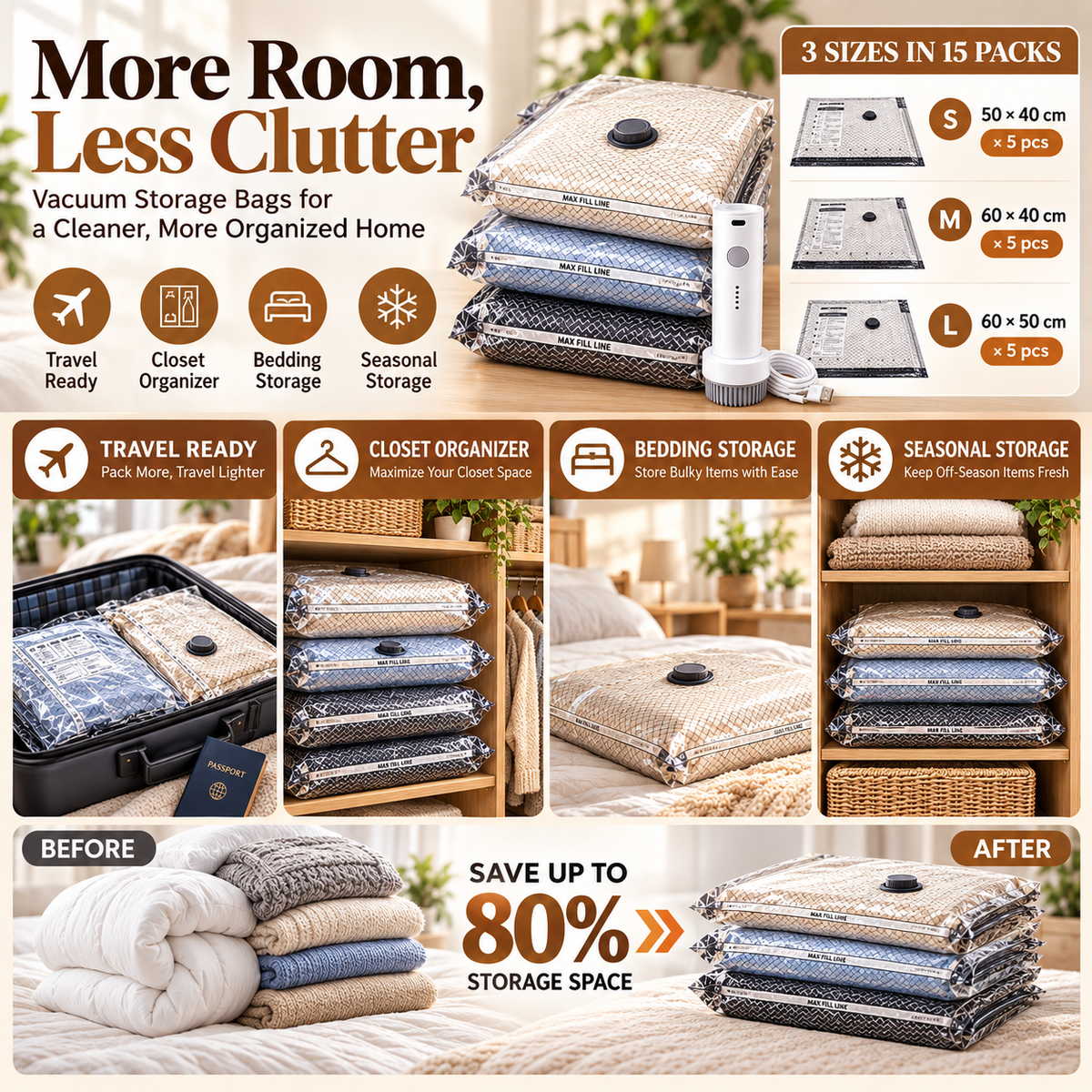 Electric Vacuum Storage Bag Set – Space-Saving Bags for Clothes, Bedding & Travel