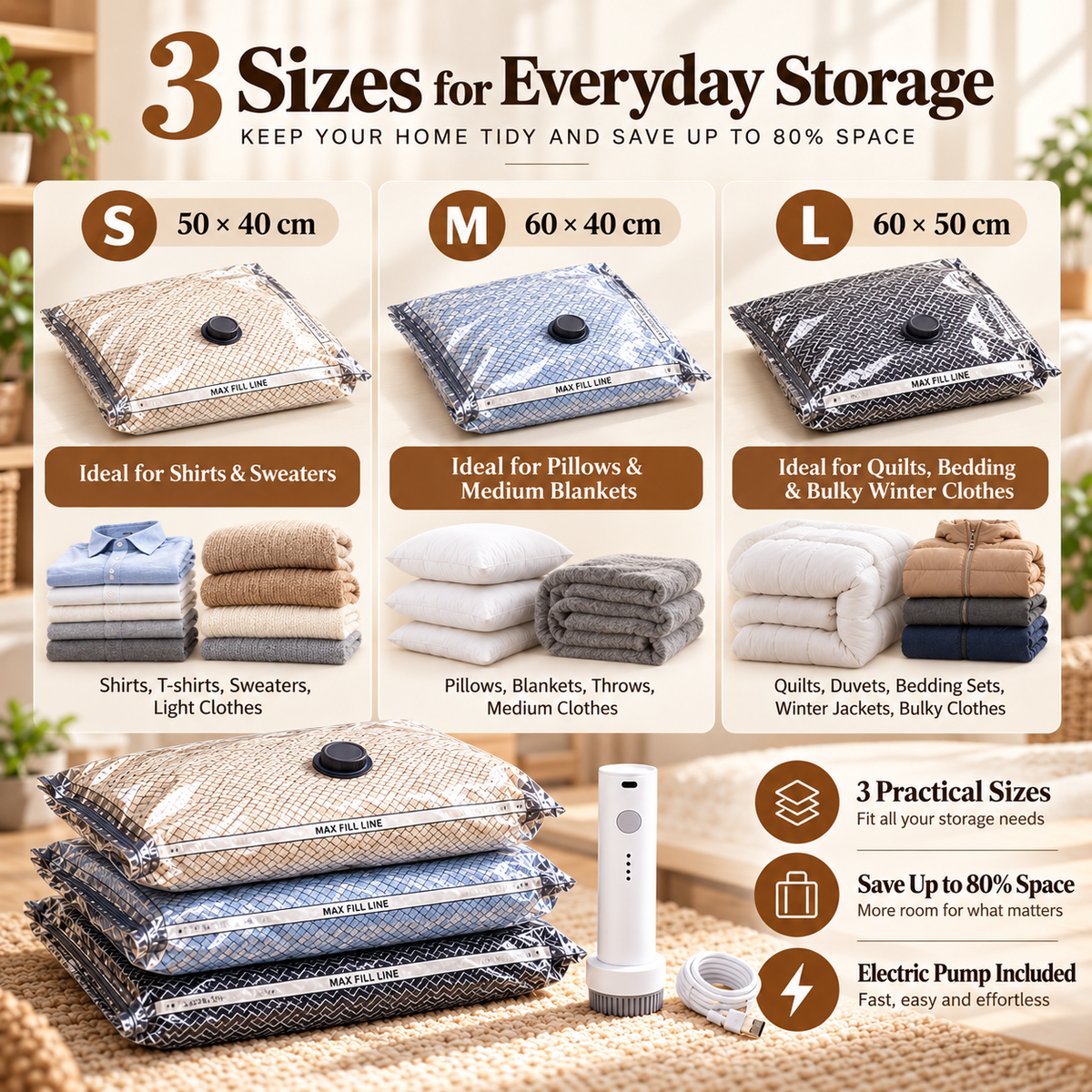 Electric Vacuum Storage Bag Set – Space-Saving Bags for Clothes, Bedding & Travel